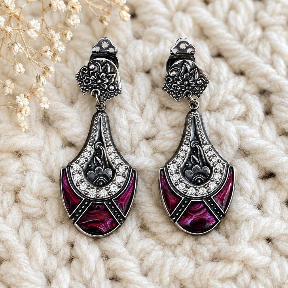 Vintage Signed Duri Art Deco Style Clip On Dangle Earrings Purple Enamel